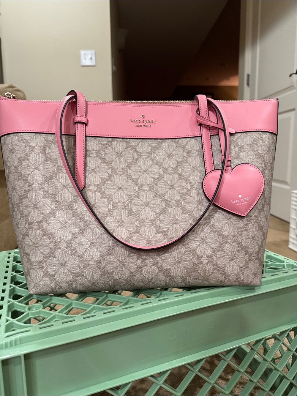 kate spade Pink Trim Monogram Tote with Heart Charm